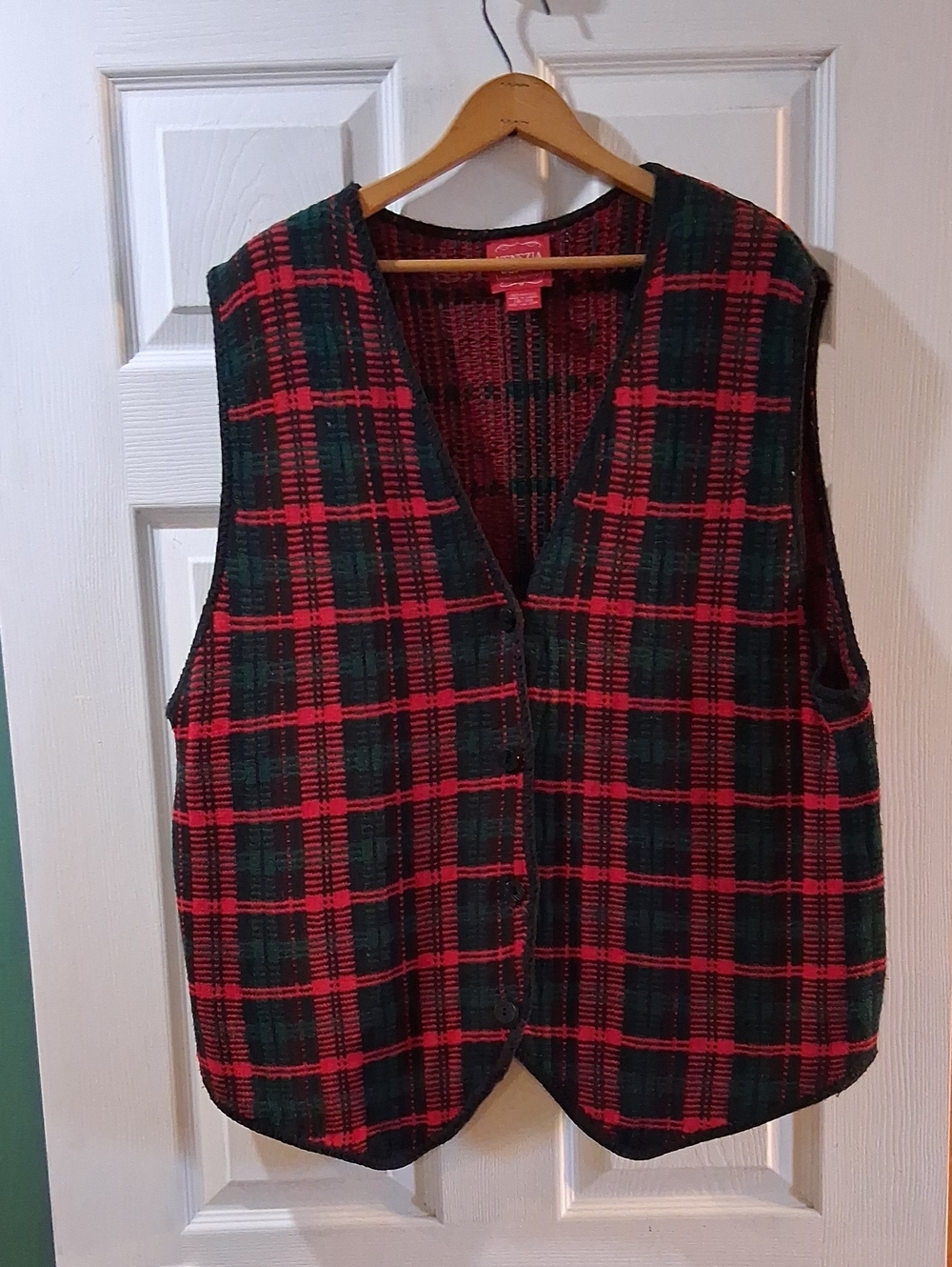 Venezia Red and Dark Green Plaid Knitted Button Vest
